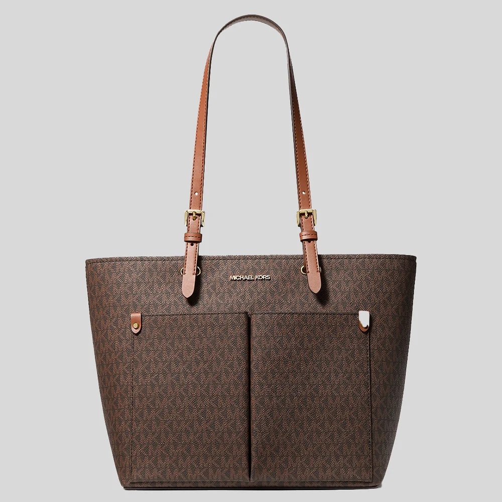 NWT Michael Kors Jet Set Medium Logo Pocket Tote Bag - Brown Signature